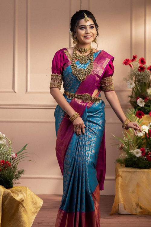 Load image into Gallery viewer, Staggering Firozi Soft Banarasi Silk Saree With Imaginative Blouse Piece
