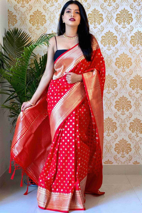 Buy Offwhite and Red Color Muga Banarasi Silk Saree At IndyVogue