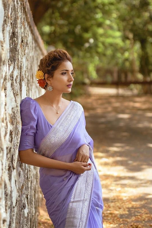 Load image into Gallery viewer, Ratatouille Lavender Linen Silk Saree With Felicitous Blouse Piece
