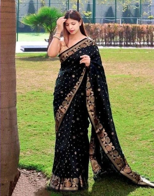 Load image into Gallery viewer, Staggering Black Soft Banarasi Silk Saree With Lagniappe Blouse Piece

