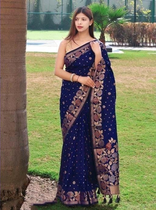 Profuse Navy Blue Soft Banarasi Silk Saree With Super extravagant Blouse Piece