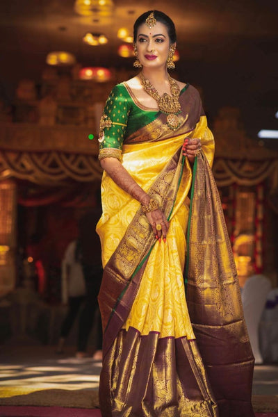 Designer Yellow Soft Banarasi Silk Saree With Flamboyant Blouse Piece