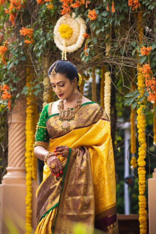 Load image into Gallery viewer, Designer Yellow Soft Banarasi Silk Saree With Flamboyant Blouse Piece
