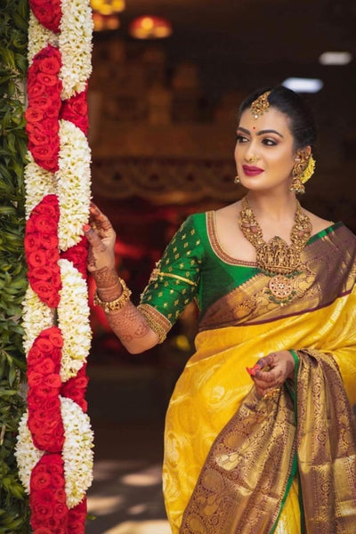 Designer Yellow Soft Banarasi Silk Saree With Flamboyant Blouse Piece