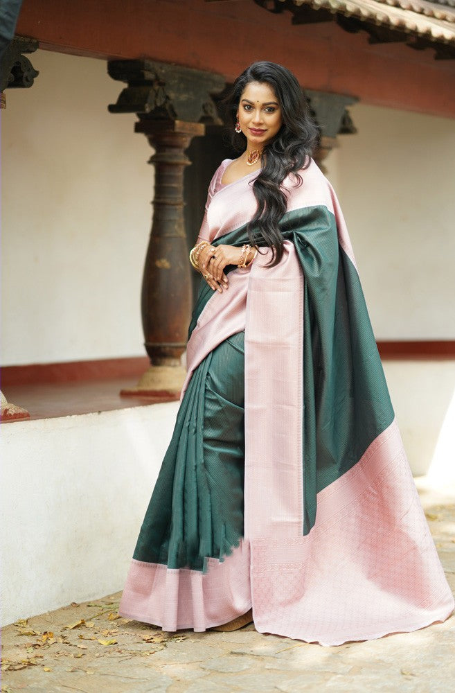 Trendy Dark Green Soft Silk Saree With Gorgeous Blouse Piece