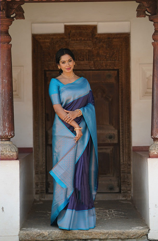 Precious Navy Blue Soft Silk Saree With Extraordinary Blouse Piece