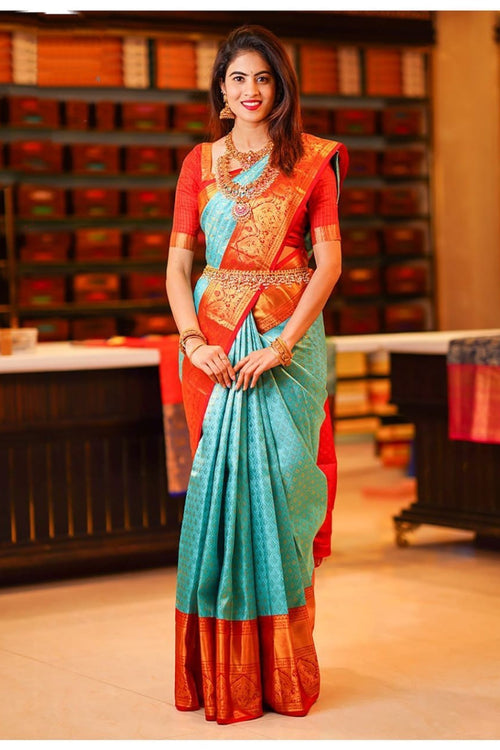 Load image into Gallery viewer, Gossamer Turquoise Soft Silk Saree with Propinquity Blouse Piece
