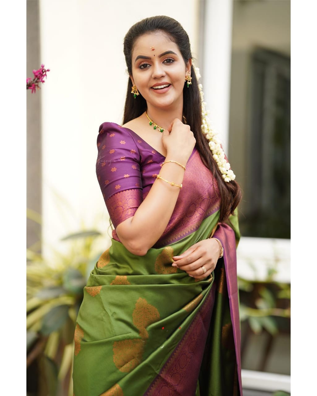 Rama Color Saree With Purple Brocade Blouse Banarasi Beautiful Zari Wo –  garment villa