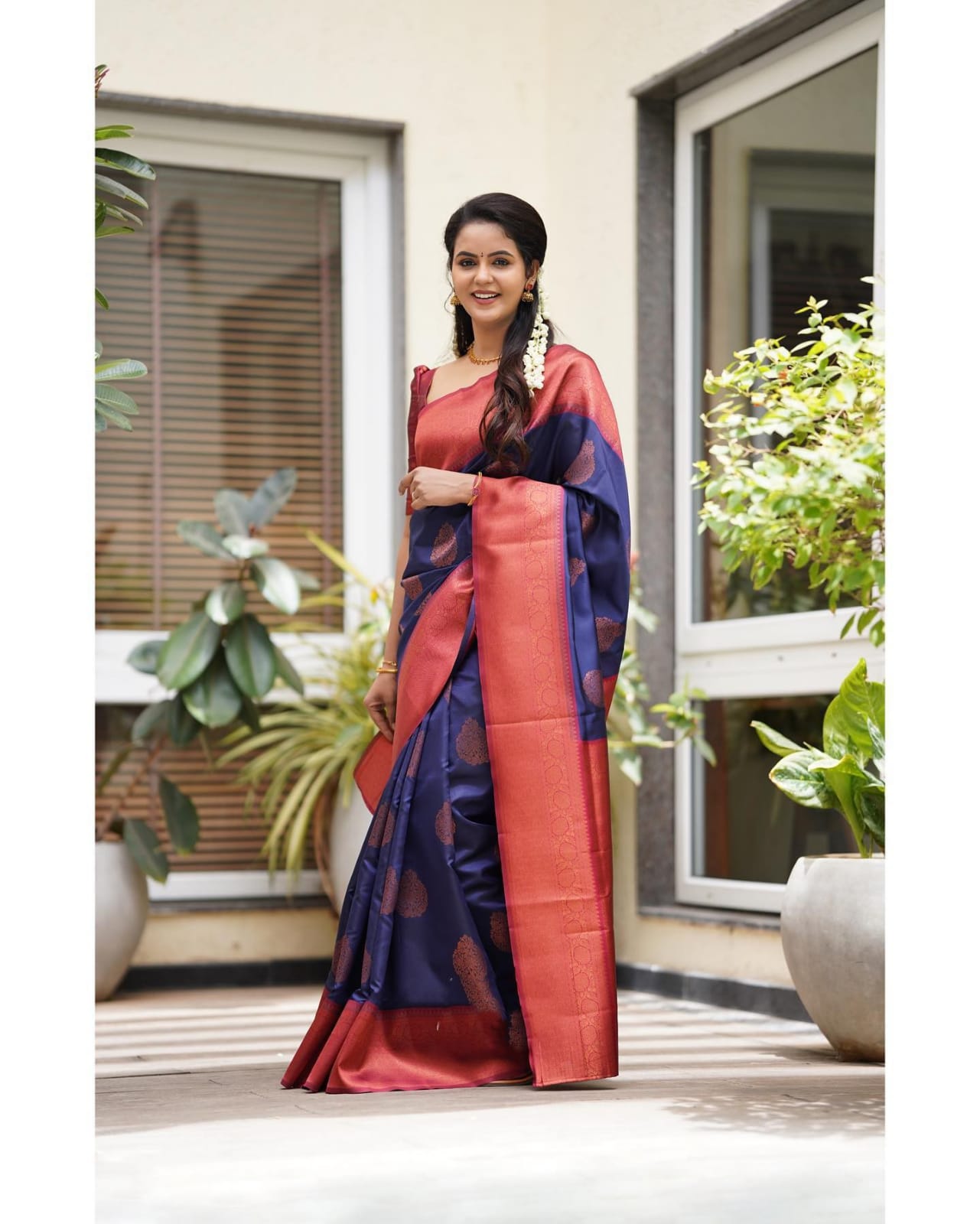 Lassitude Navy Blue Soft Silk Saree With Scintilla Blouse Piece