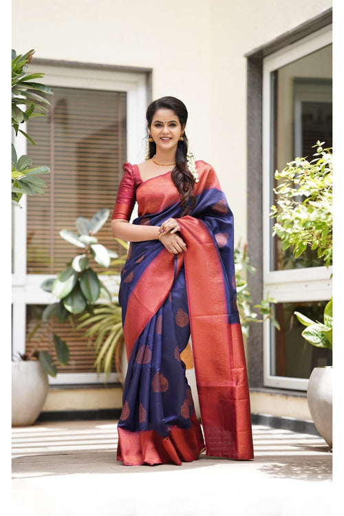 Load image into Gallery viewer, Lassitude Navy Blue Soft Silk Saree With Scintilla Blouse Piece
