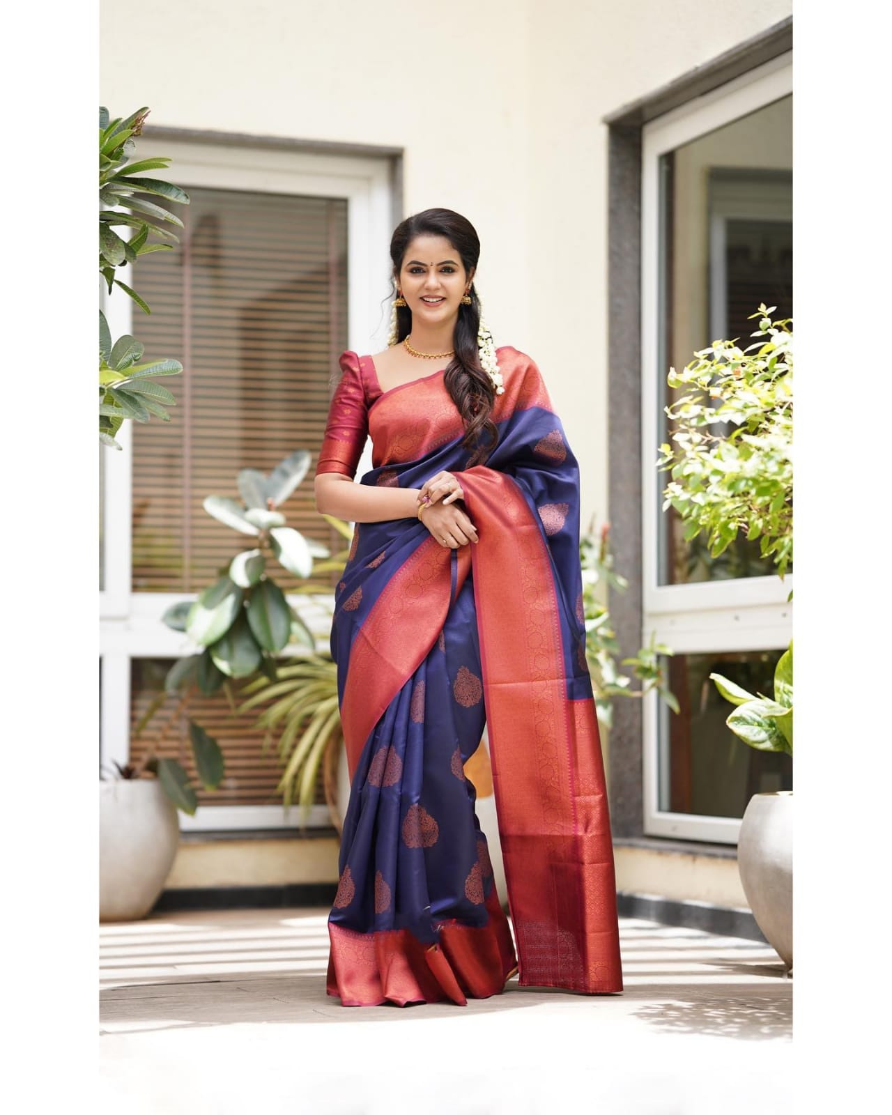 Lassitude Navy Blue Soft Silk Saree With Scintilla Blouse Piece