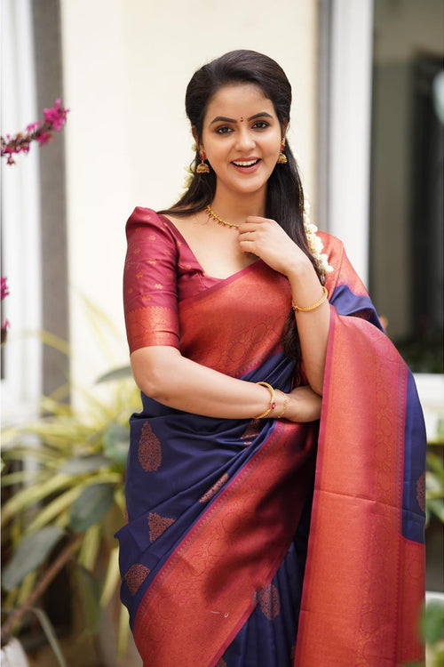 Load image into Gallery viewer, Lassitude Navy Blue Soft Silk Saree With Scintilla Blouse Piece
