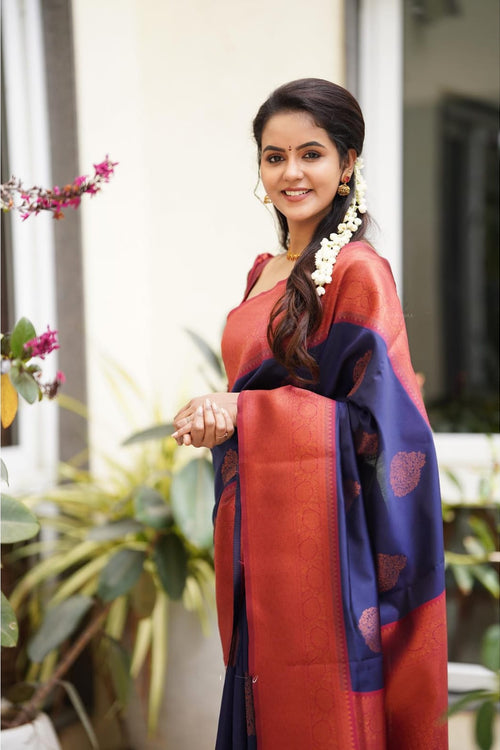 Load image into Gallery viewer, Lassitude Navy Blue Soft Silk Saree With Scintilla Blouse Piece
