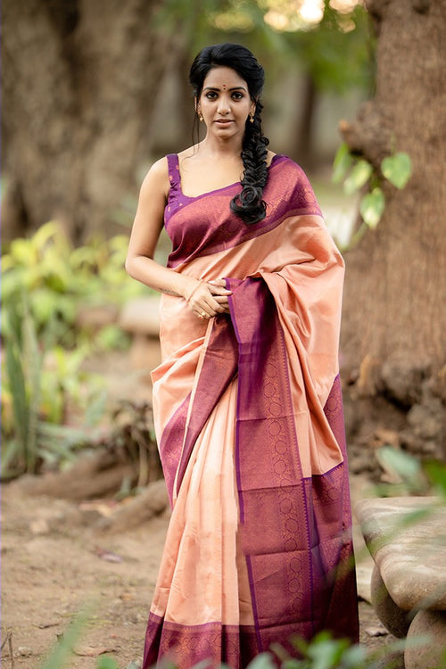 Load image into Gallery viewer, Outstanding Peach Soft Silk Saree With Intricate Blouse Piece
