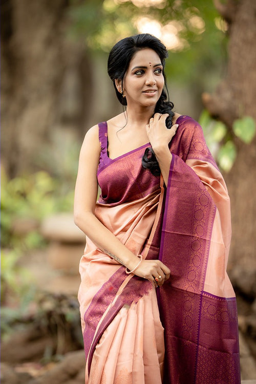 Load image into Gallery viewer, Outstanding Peach Soft Silk Saree With Intricate Blouse Piece
