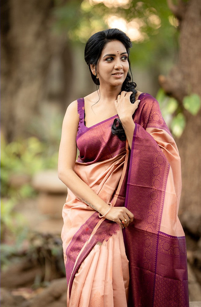 Outstanding Peach Soft Silk Saree With Intricate Blouse Piece