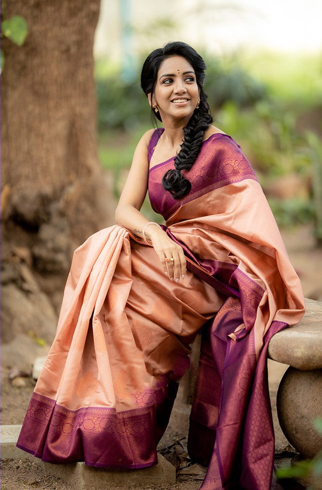 Outstanding Peach Soft Silk Saree With Intricate Blouse Piece