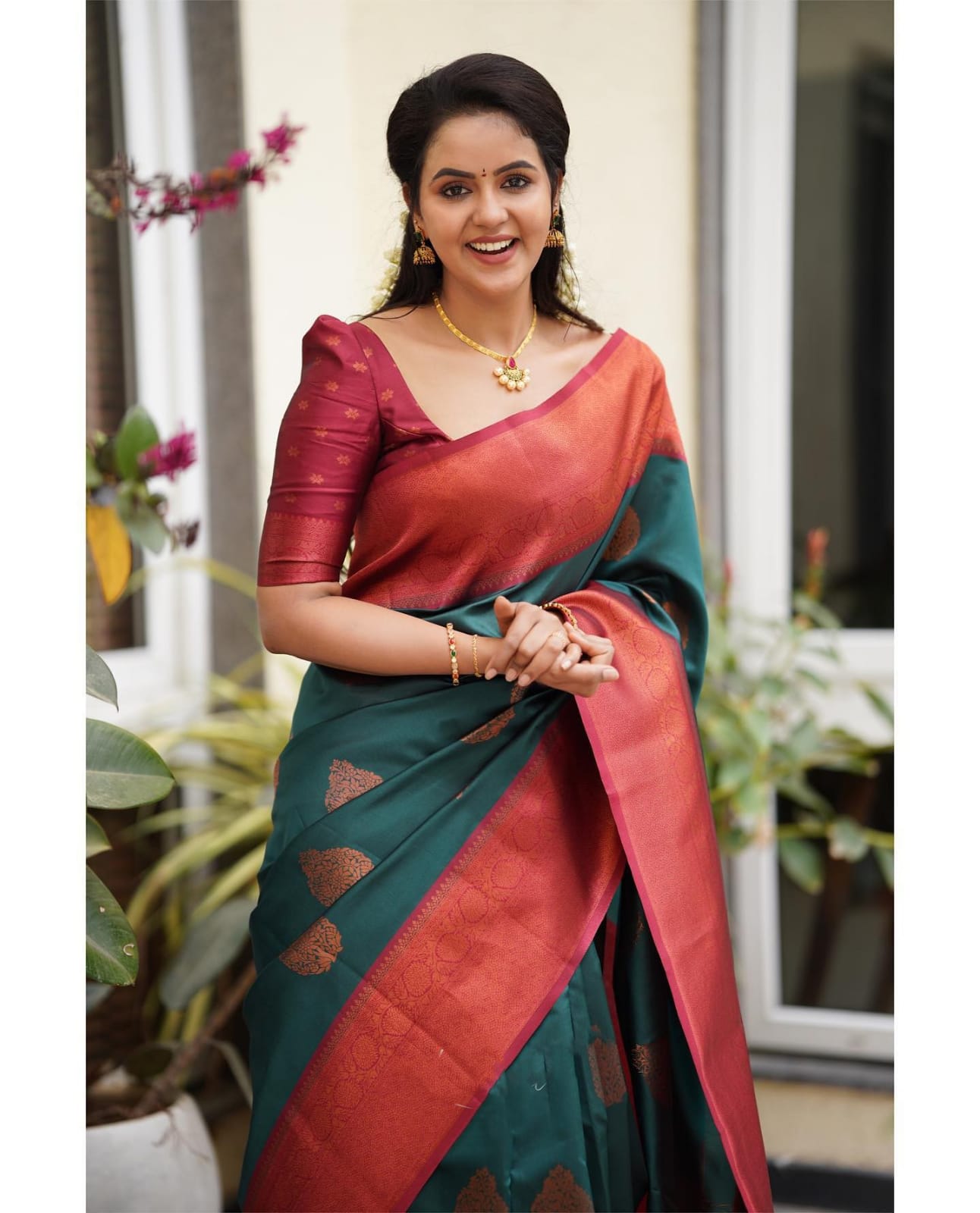 MF FAbrics designer blouse pieces with plain party wear silk saree and  ruffel border in saree for Women and girl