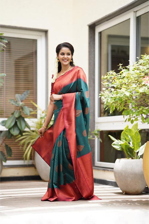 Load image into Gallery viewer, Felicitous Rama Soft Silk Saree With Transcendent Blouse Piece
