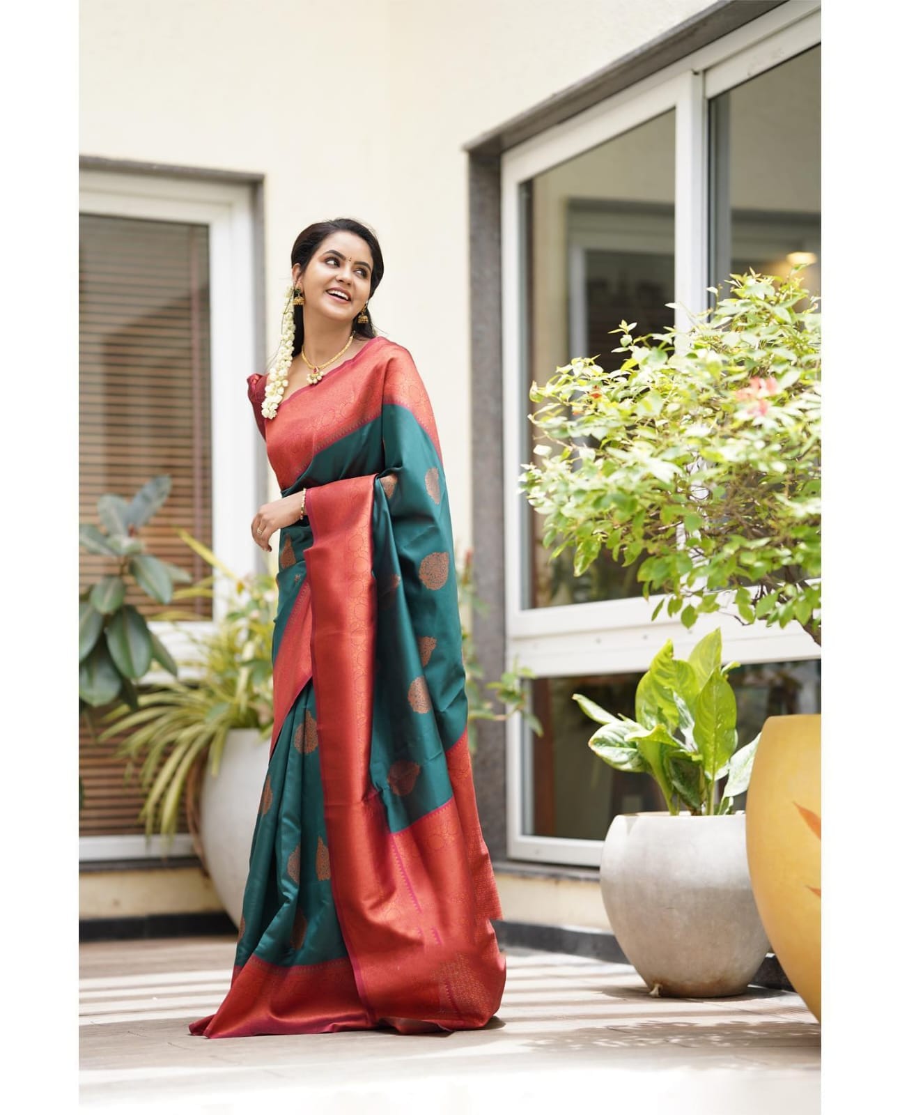 Felicitous Rama Soft Silk Saree With Transcendent Blouse Piece