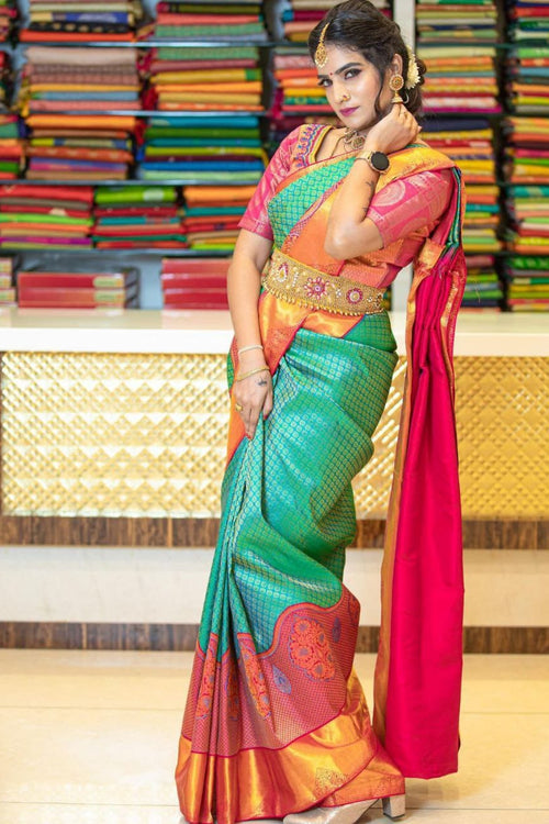 Green and pink Soft Silk Weaving with contrast Blouse and Designer Pal –  Thath Banaras