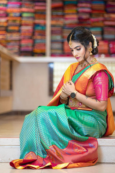 Fantabulous Rama Soft Silk Saree With Glittering Blouse Piece