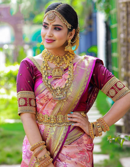 Quintessential Pink Soft Banarasi Silk Saree With Nemesis Blouse Piece