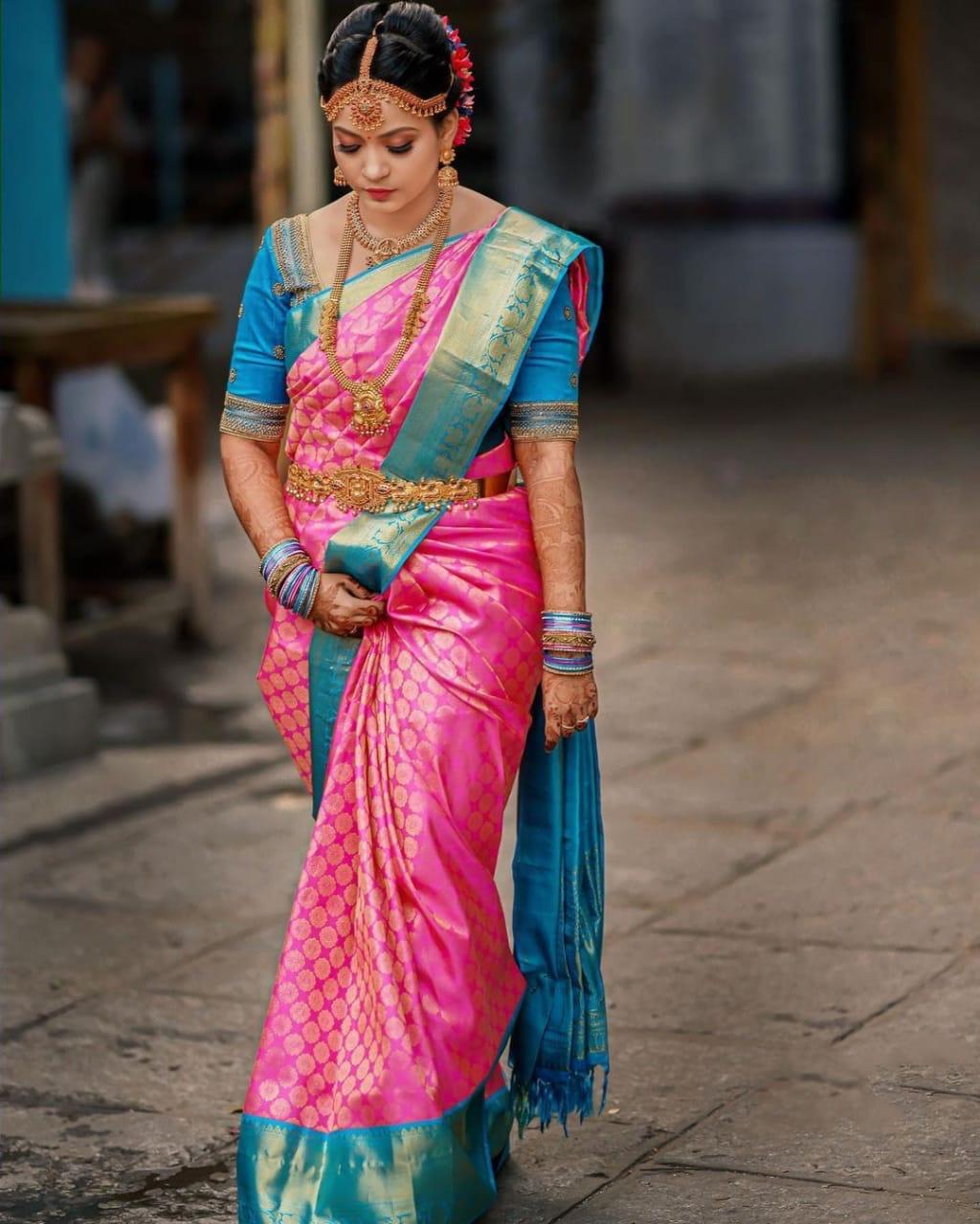 Gossamer Dark Pink Soft Banarasi Silk Saree With Elision Blouse Piece