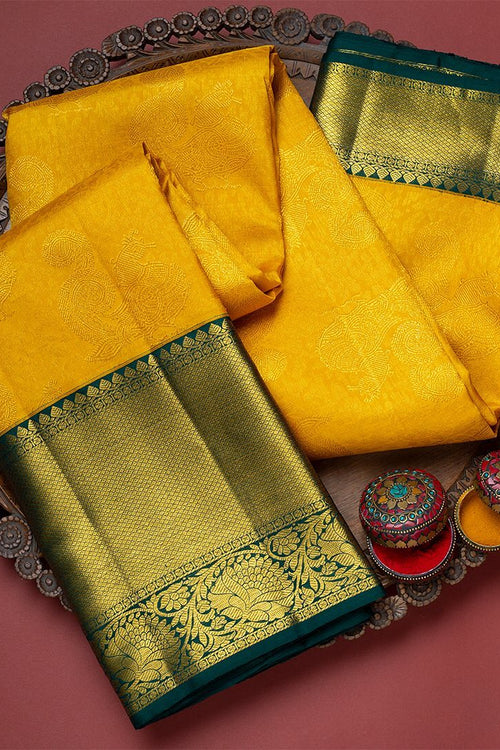 Load image into Gallery viewer, Blissful Yellow Soft Banarasi Silk Saree With Flattering Two Blouse Piece
