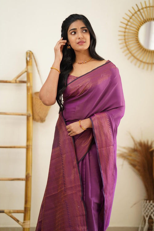 Pansy Purple Woven Banarasi Silk Saree With Green Blouse For Wedding By  Kolour