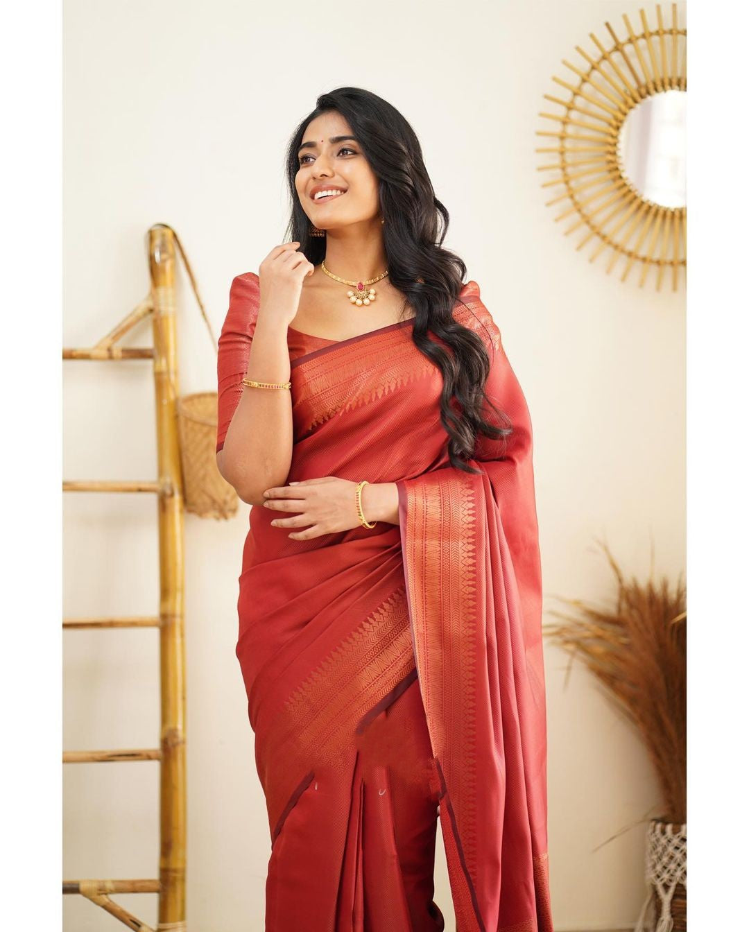 Stitched Red Silk Saree With Red Sequin Blouse – Faash Wear UAE