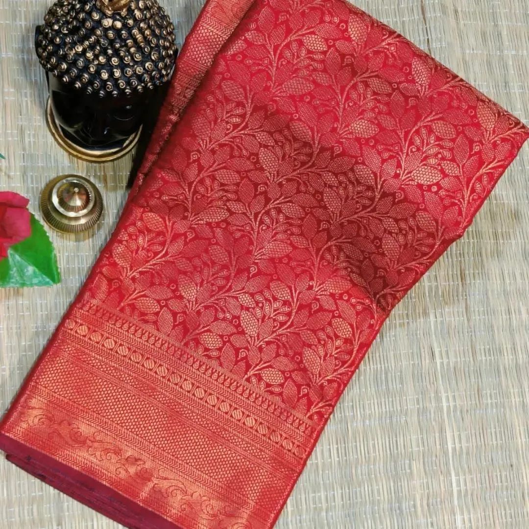 Sophisticated Red Soft Banarasi Silk Saree With Serendipity Blouse Piece