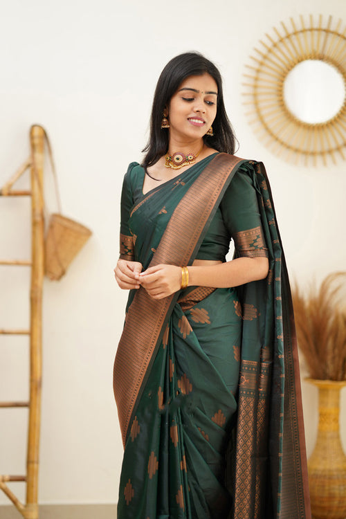 Load image into Gallery viewer, Invaluable Dark Green Soft Silk Saree With Desiring Blouse Piece
