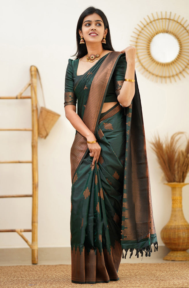 Invaluable Dark Green Soft Silk Saree With Desiring Blouse Piece