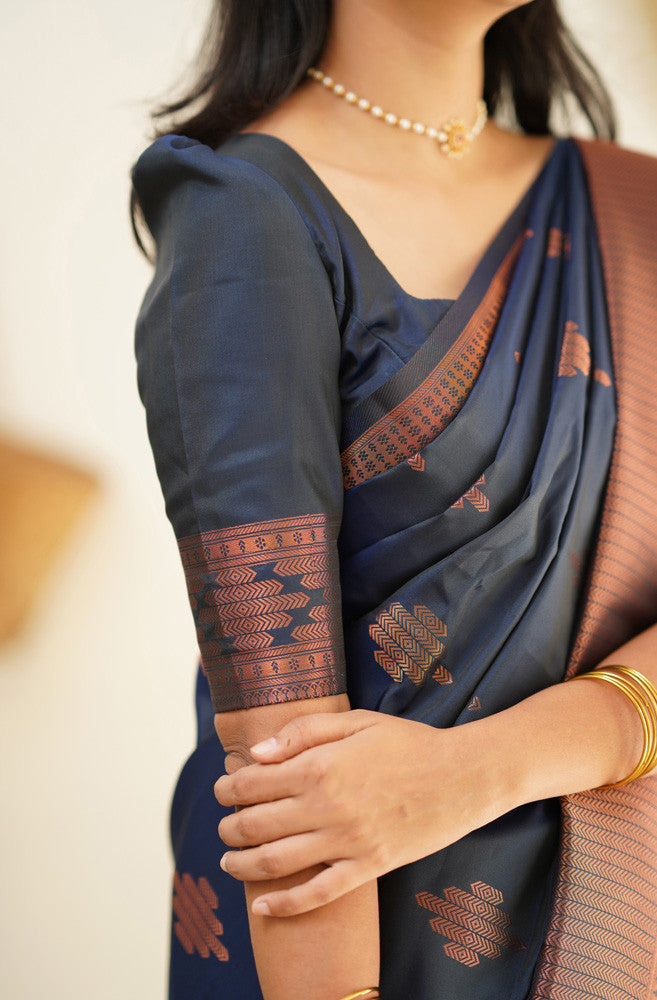 Delightful Navy Blue Soft Silk Saree With Prettiest Blouse Piece