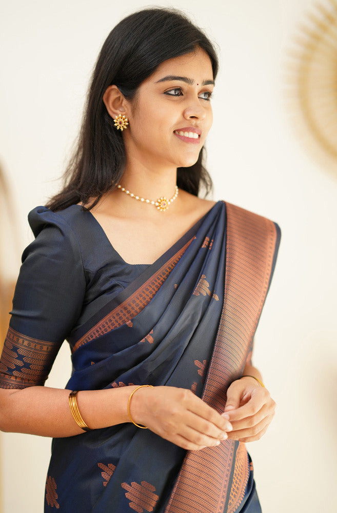 Delightful Navy Blue Soft Silk Saree With Prettiest Blouse Piece