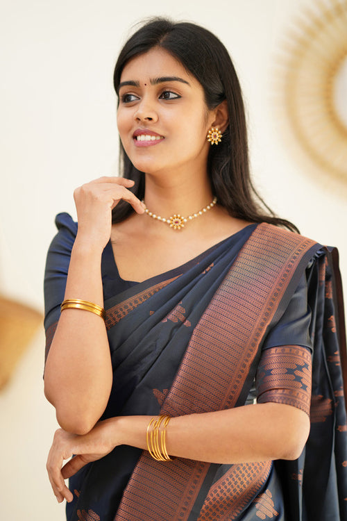 Load image into Gallery viewer, Delightful Navy Blue Soft Silk Saree With Prettiest Blouse Piece
