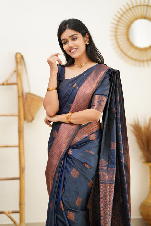 Load image into Gallery viewer, Delightful Navy Blue Soft Silk Saree With Prettiest Blouse Piece
