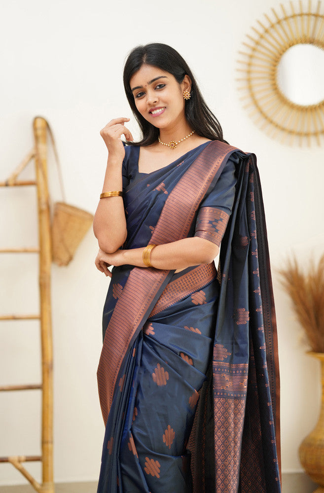 Delightful Navy Blue Soft Silk Saree With Prettiest Blouse Piece