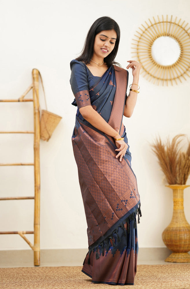 Delightful Navy Blue Soft Silk Saree With Prettiest Blouse Piece