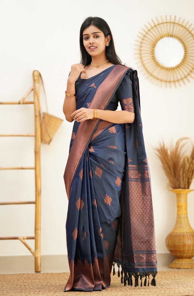 Delightful Navy Blue Soft Silk Saree With Prettiest Blouse Piece