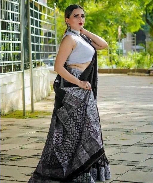 Opulent Black Soft Banarasi Silk Saree With Glowing Blouse Piece