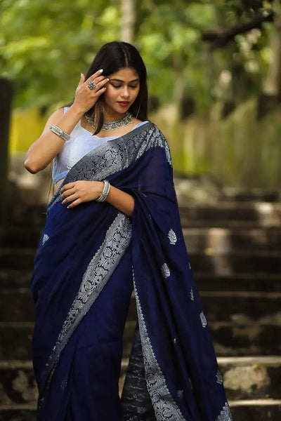 Charming Navy Blue Soft Banarasi  Silk Saree With Glowing Blouse Piece