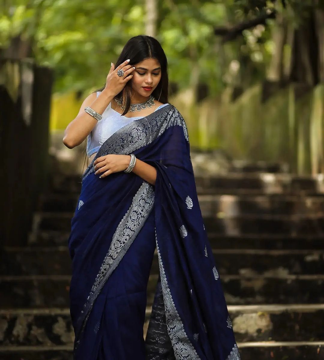 Charming Navy Blue Soft Banarasi  Silk Saree With Glowing Blouse Piece