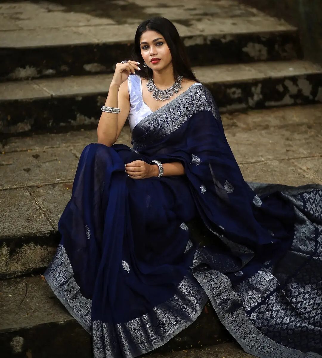 Charming Navy Blue Soft Banarasi  Silk Saree With Glowing Blouse Piece