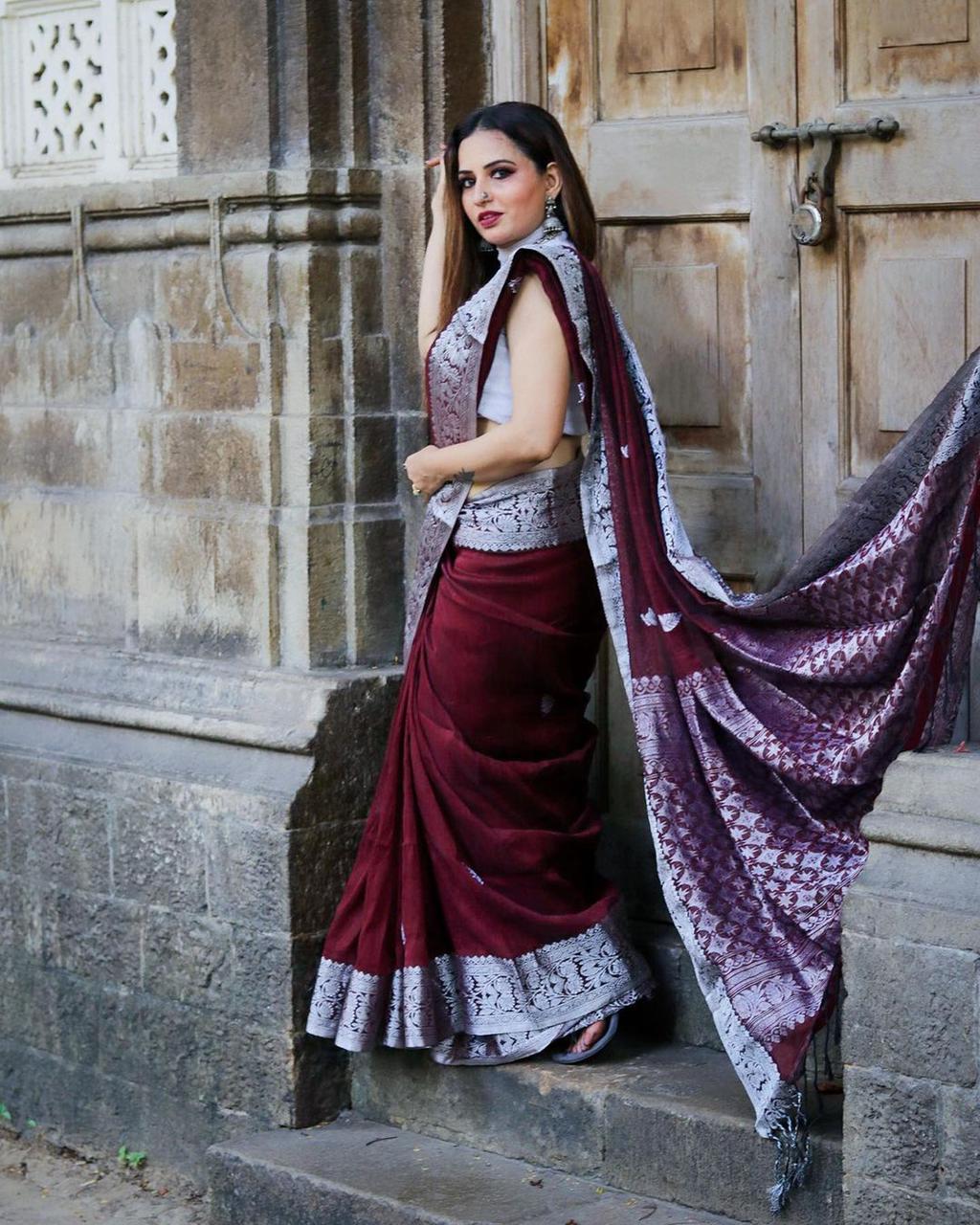Sensational Wine Soft Banarasi Silk Saree With Attractive Blouse Piece