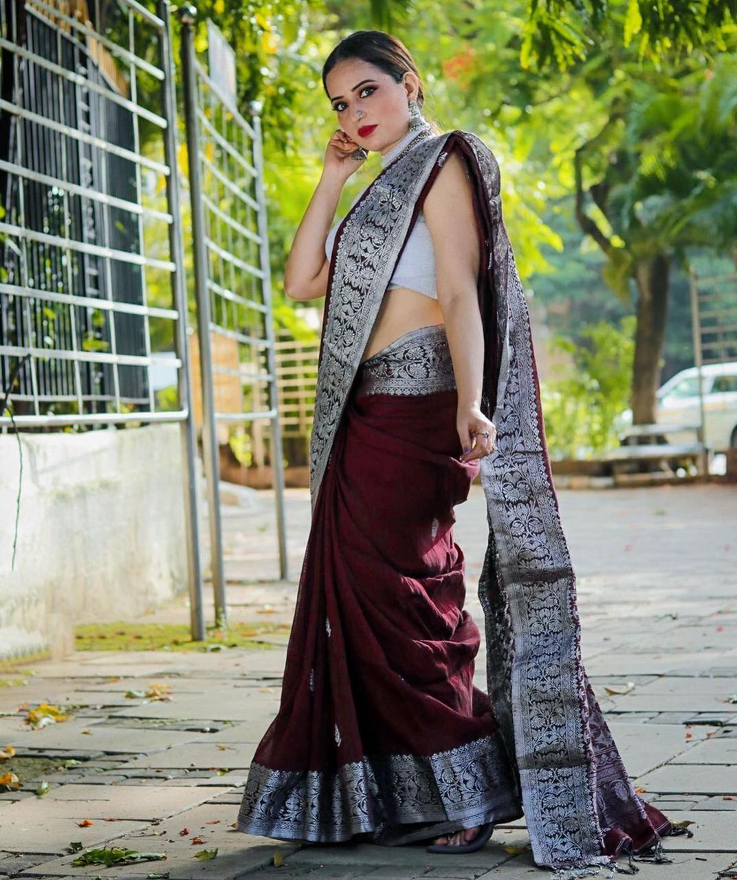 Sensational Wine Soft Banarasi Silk Saree With Attractive Blouse Piece
