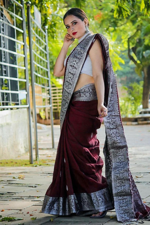 Load image into Gallery viewer, Sensational Wine Soft Banarasi Silk Saree With Attractive Blouse Piece
