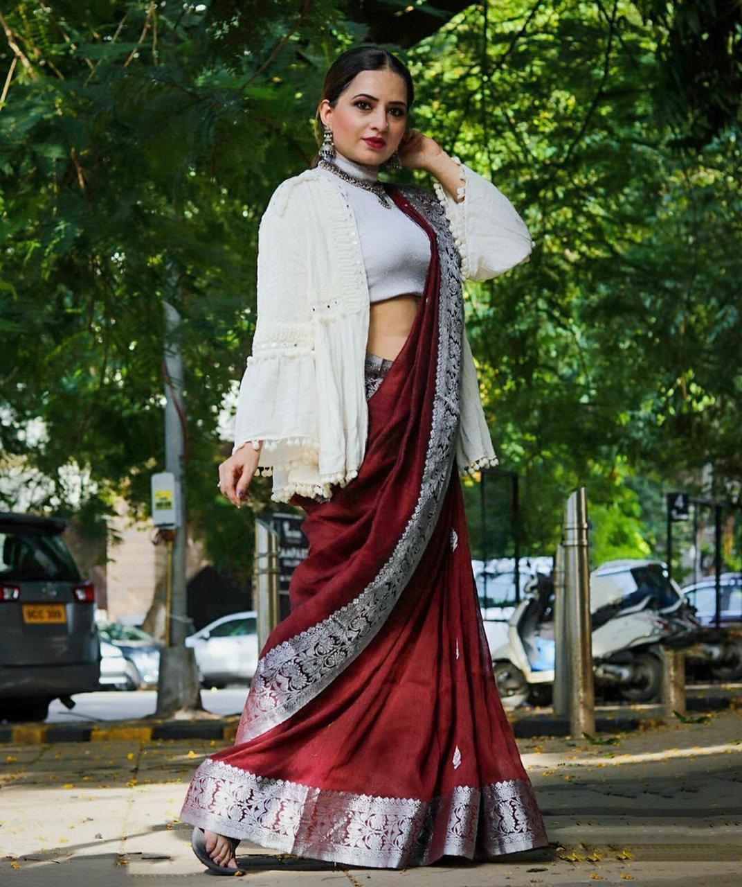 Sensational Wine Soft Banarasi Silk Saree With Attractive Blouse Piece