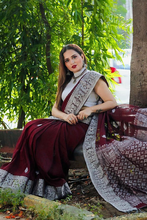 Load image into Gallery viewer, Sensational Wine Soft Banarasi Silk Saree With Attractive Blouse Piece

